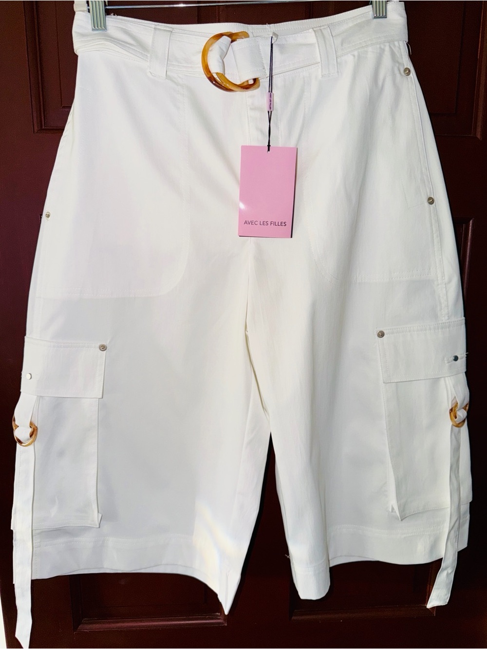 Avec Les Filles White Cargo Bermuda Shorts Size 29 NWT Belted Utility